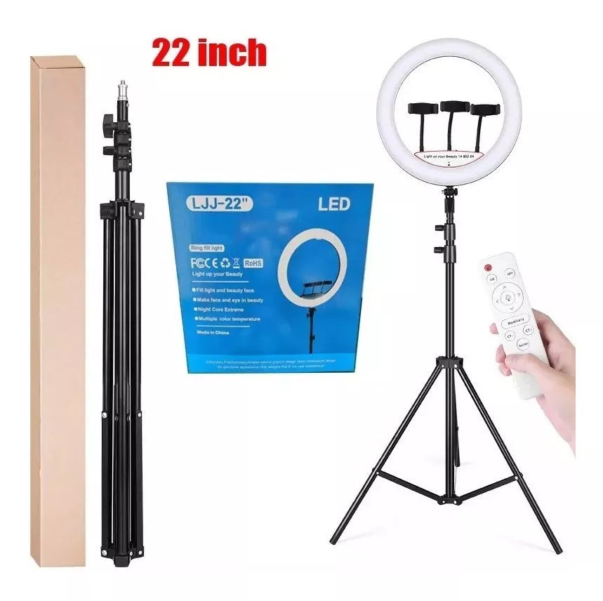 💡 Aro de Luz LED 22'' Profesional LJJ-22 con Trípode de 210 cm y 3 Soportes para Celular | Ideal para Maquillaje, Fotografía y Streaming